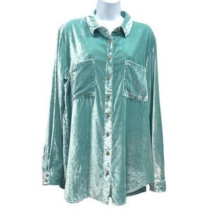 Pilcro Anthropolgie Crushed Velvet Mint Seafoam Button Down Shirt Womens Size 14